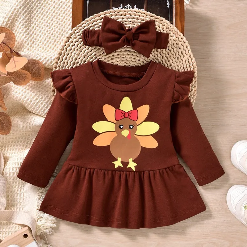 2 Pieces Set Baby Girls Thanksgiving Cartoon Tops And Striped Pants