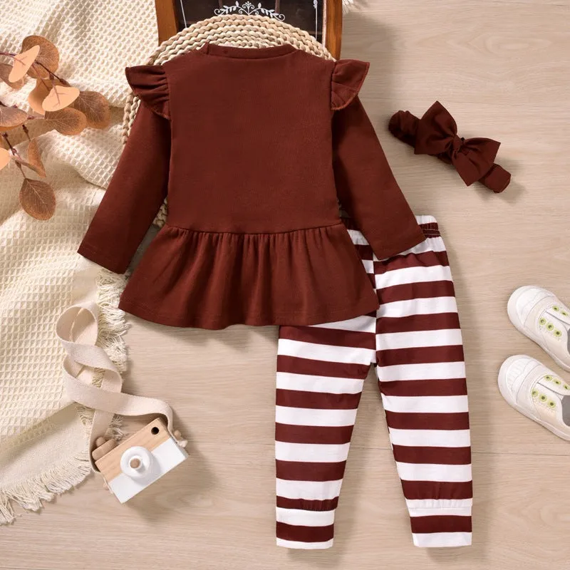 2 Pieces Set Baby Girls Thanksgiving Cartoon Tops And Striped Pants