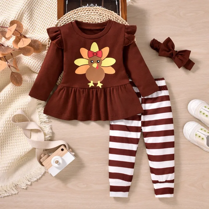 2 Pieces Set Baby Girls Thanksgiving Cartoon Tops And Striped Pants