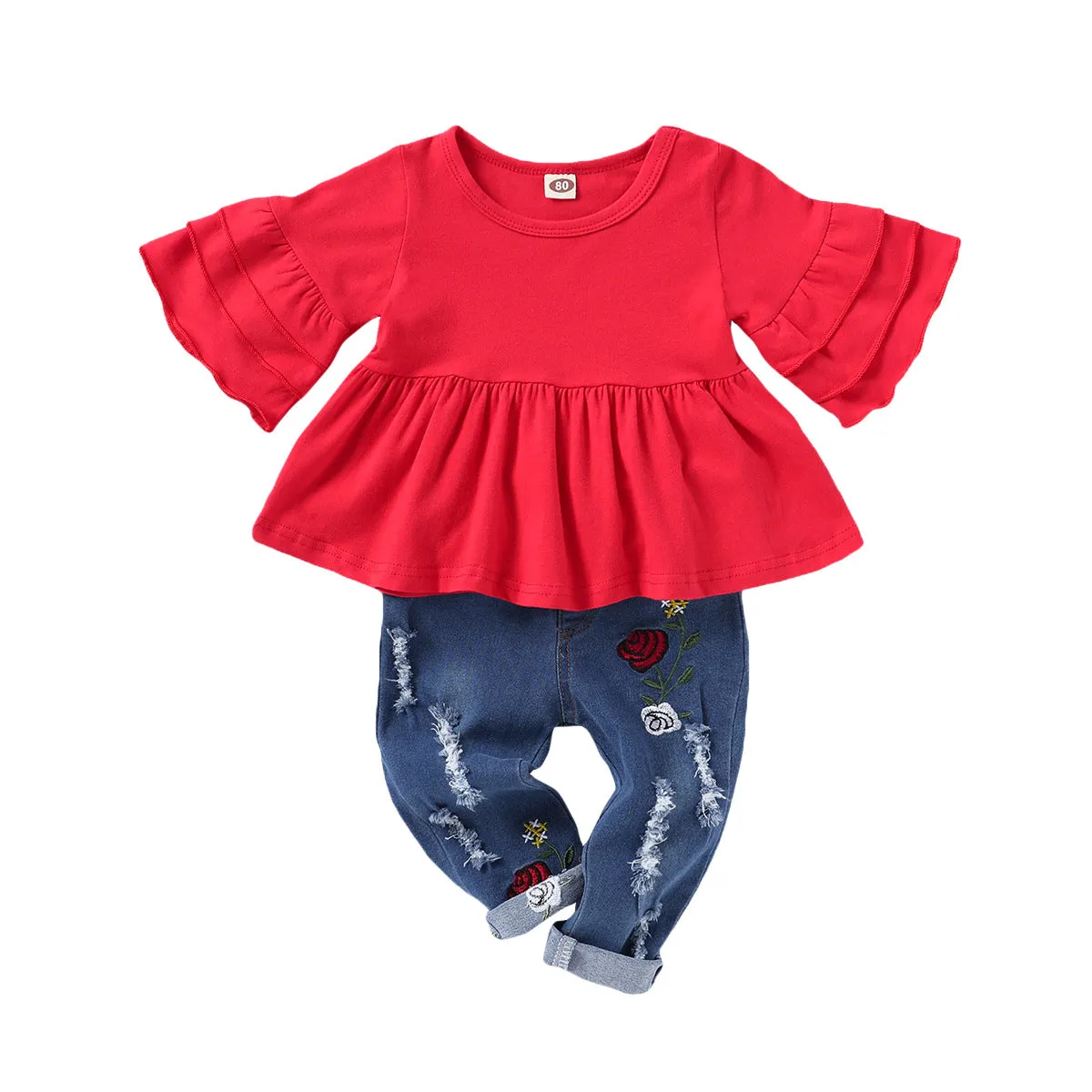 2 Pieces Set Baby Kid Girls Solid Color Tops And Flower Embroidered Ripped Pants