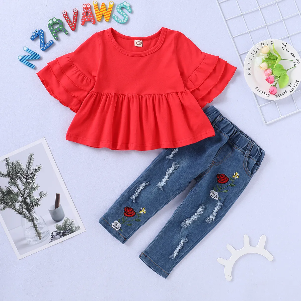 2 Pieces Set Baby Kid Girls Solid Color Tops And Flower Embroidered Ripped Pants