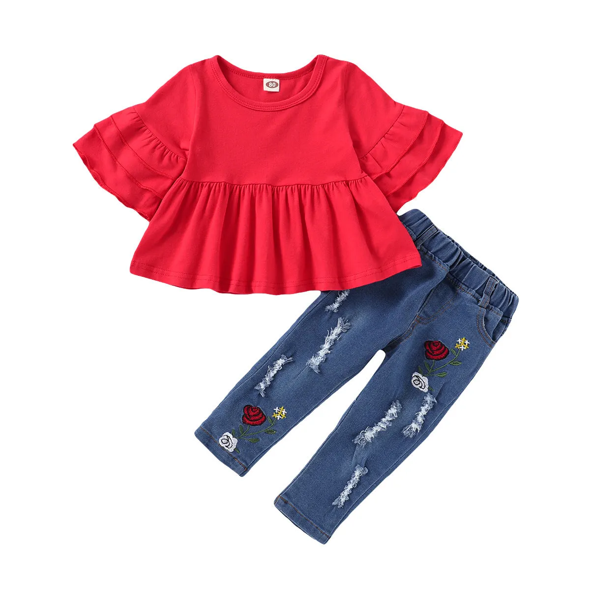 2 Pieces Set Baby Kid Girls Solid Color Tops And Flower Embroidered Ripped Pants