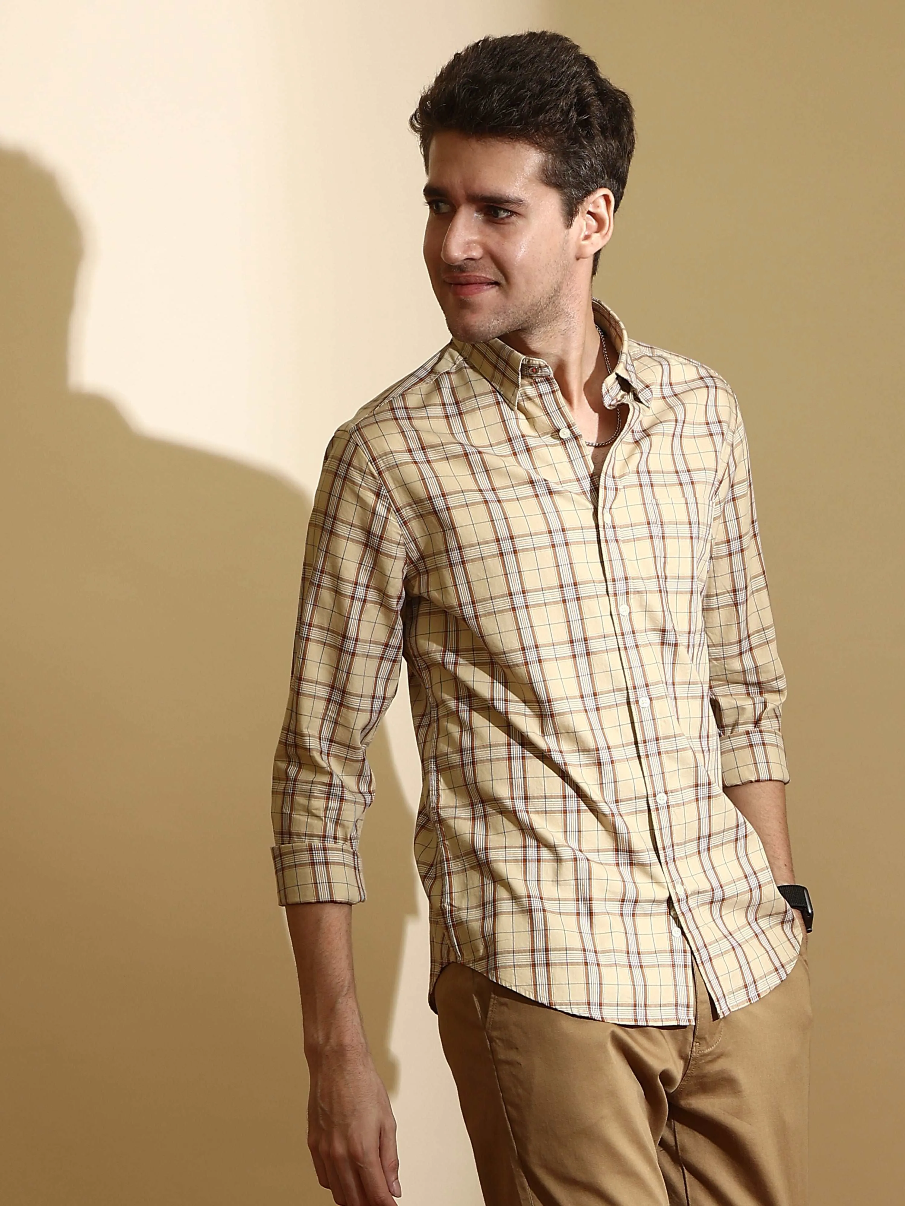 Beige Orange Semi Casual Shirt