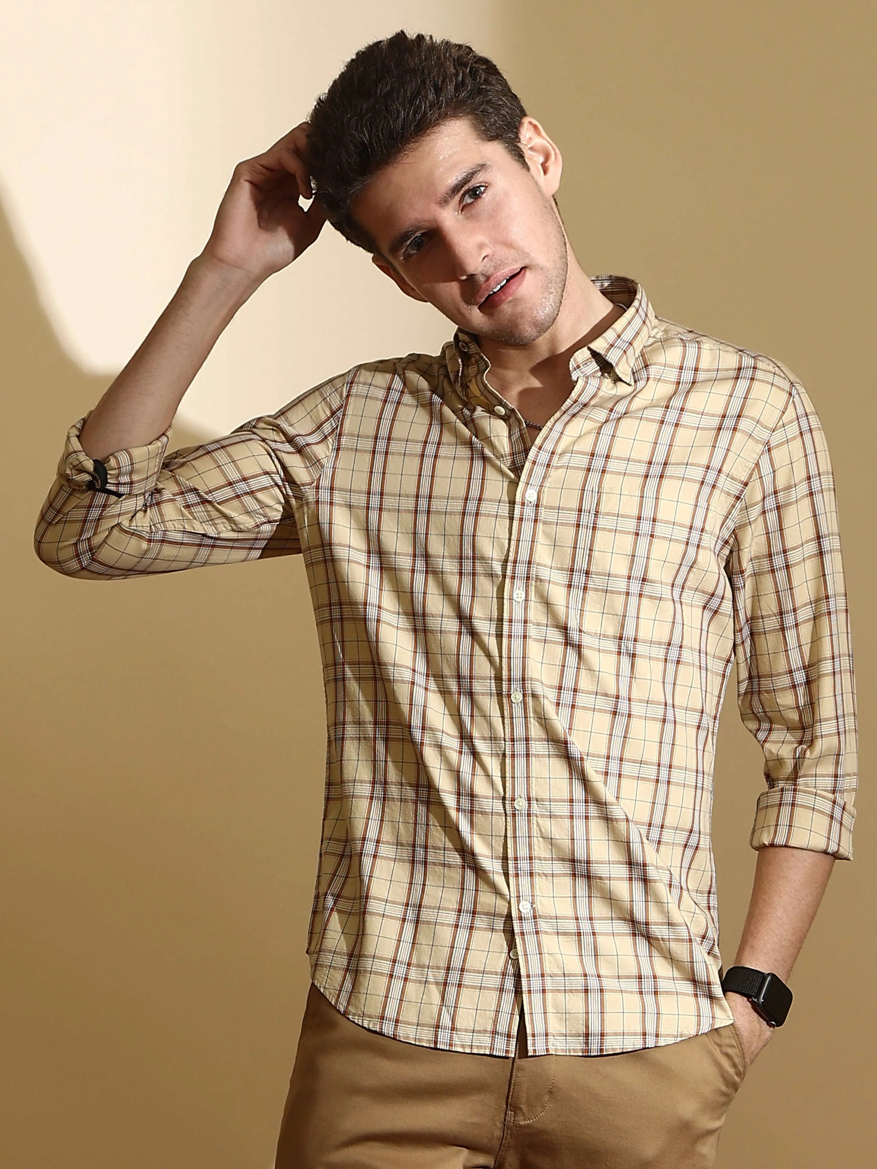 Beige Orange Semi Casual Shirt