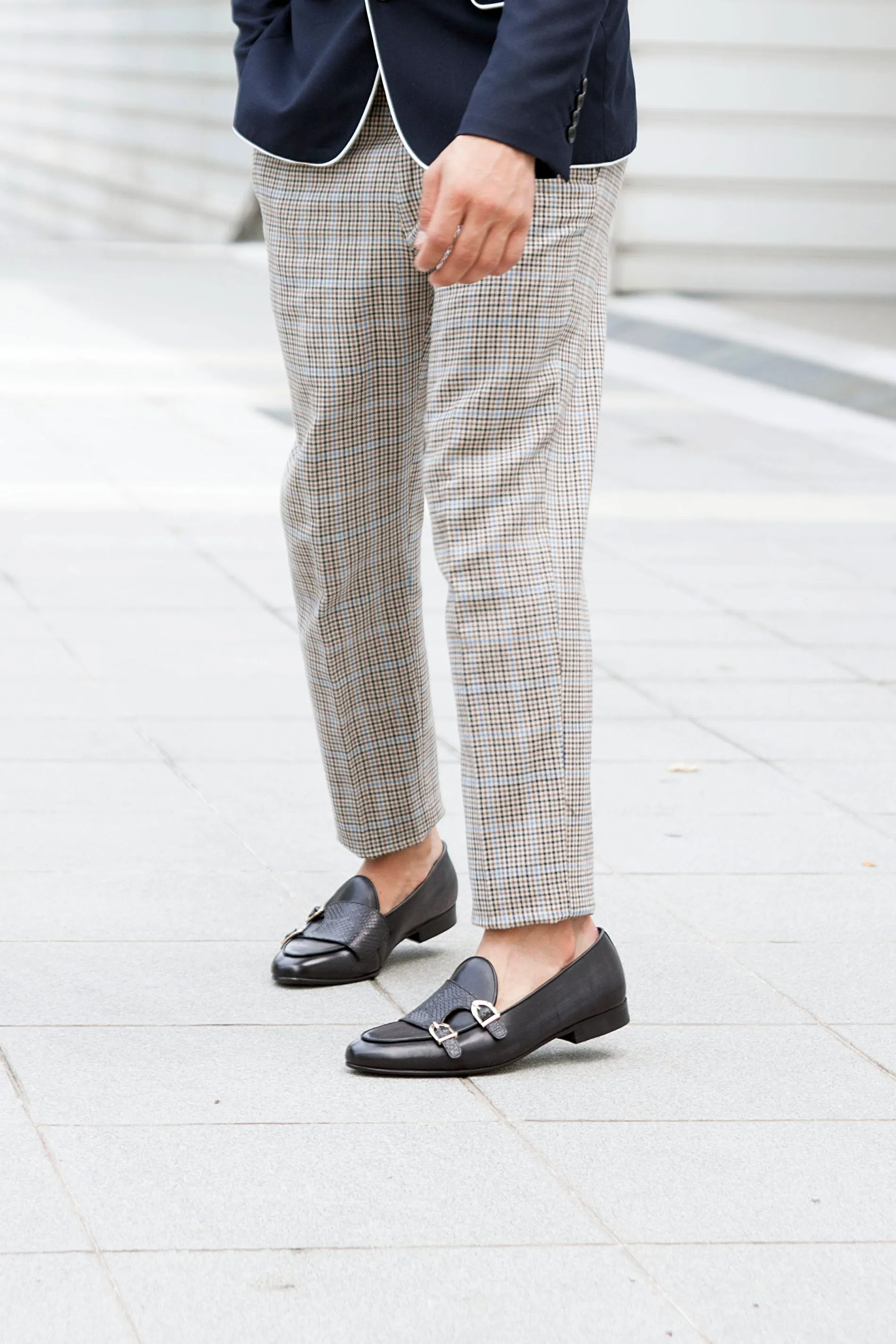 Belgian Loafer - Black Grey Snake Skin Double Monk Strap (Hand Painted Patina)