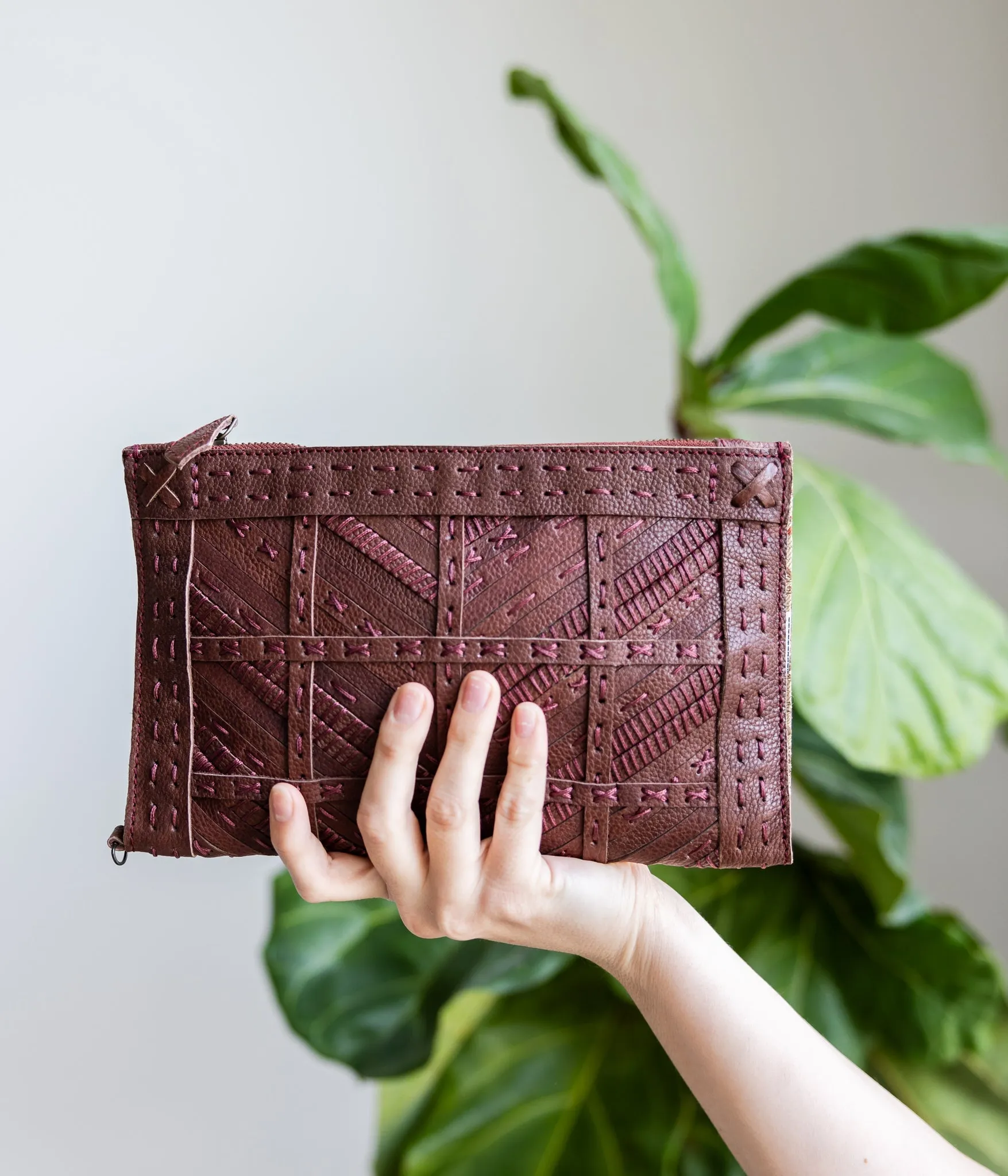 Calla Woven Leather Clutch in Rust