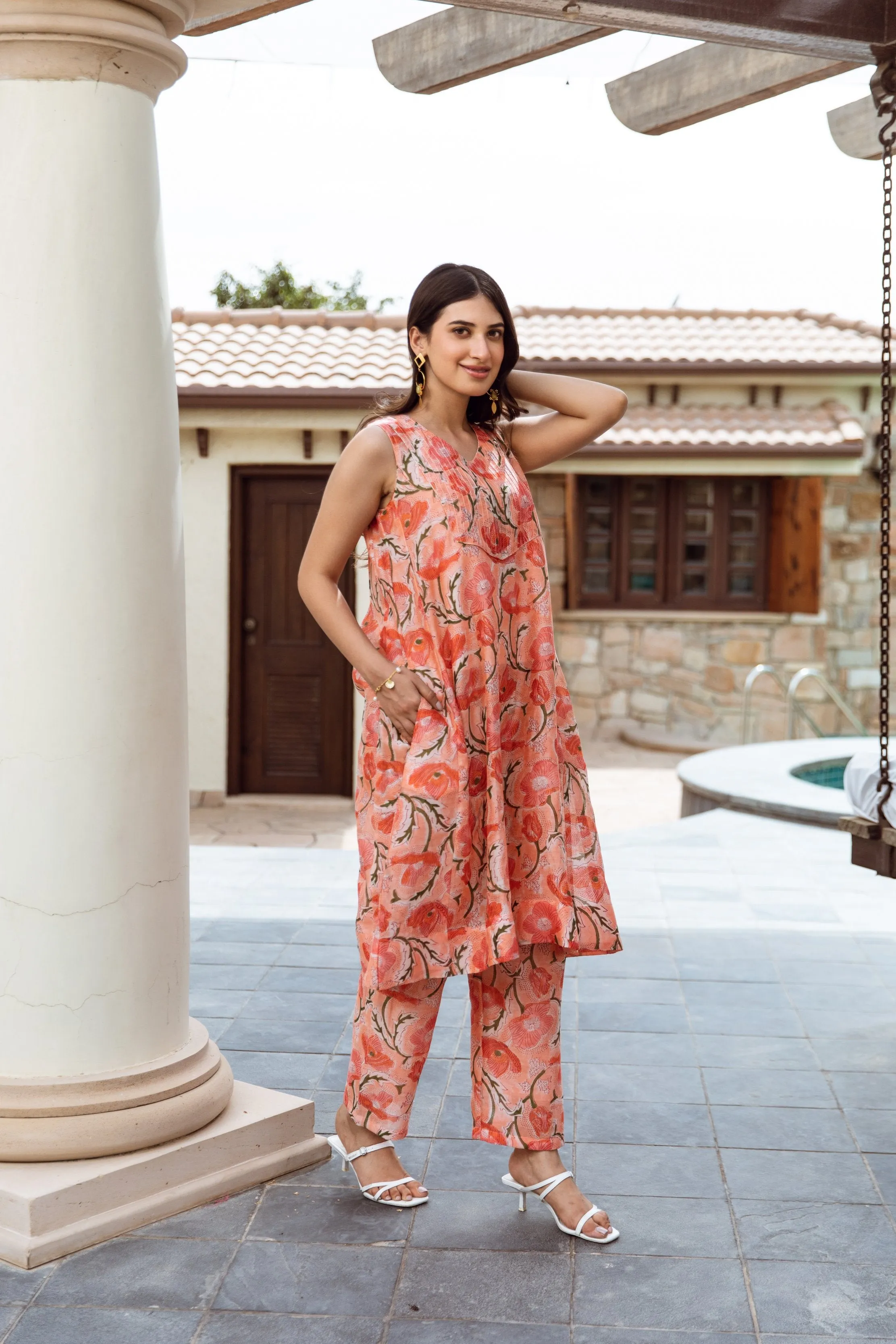 Chanderi fabric A-line kurta style co-ord set