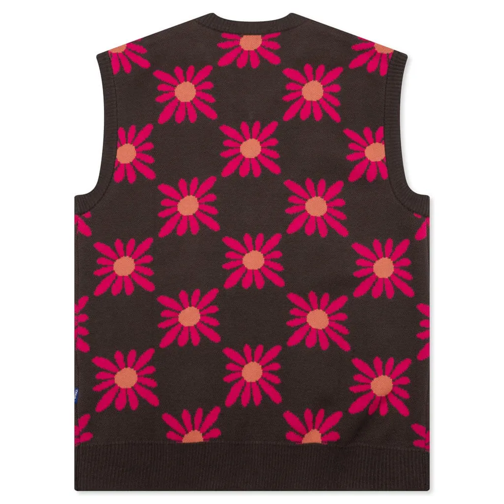 Checkered Floral Sweater Vest - Brown Floral