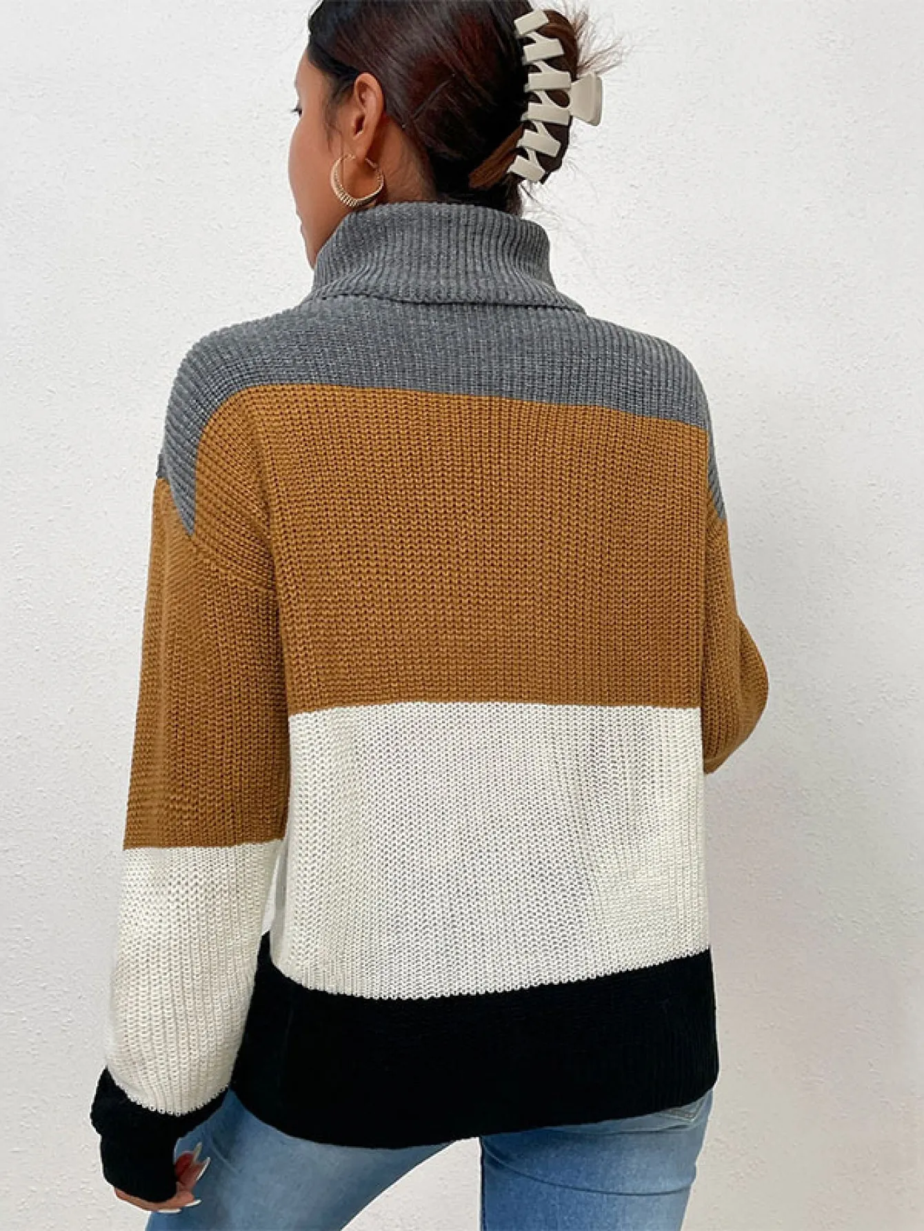 Color Block Turtleneck Knit Sweater