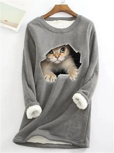 Cozy Plus Size Cat Street Casual Sweatshirt with Teddy Sherpa Fleece