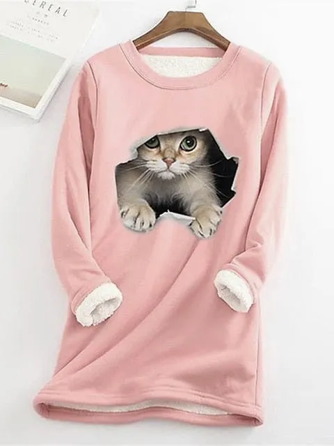 Cozy Plus Size Cat Street Casual Sweatshirt with Teddy Sherpa Fleece