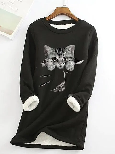 Cozy Plus Size Cat Street Casual Sweatshirt with Teddy Sherpa Fleece