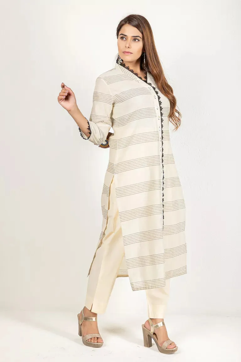 Cream & Black Cotton Silk Kurta