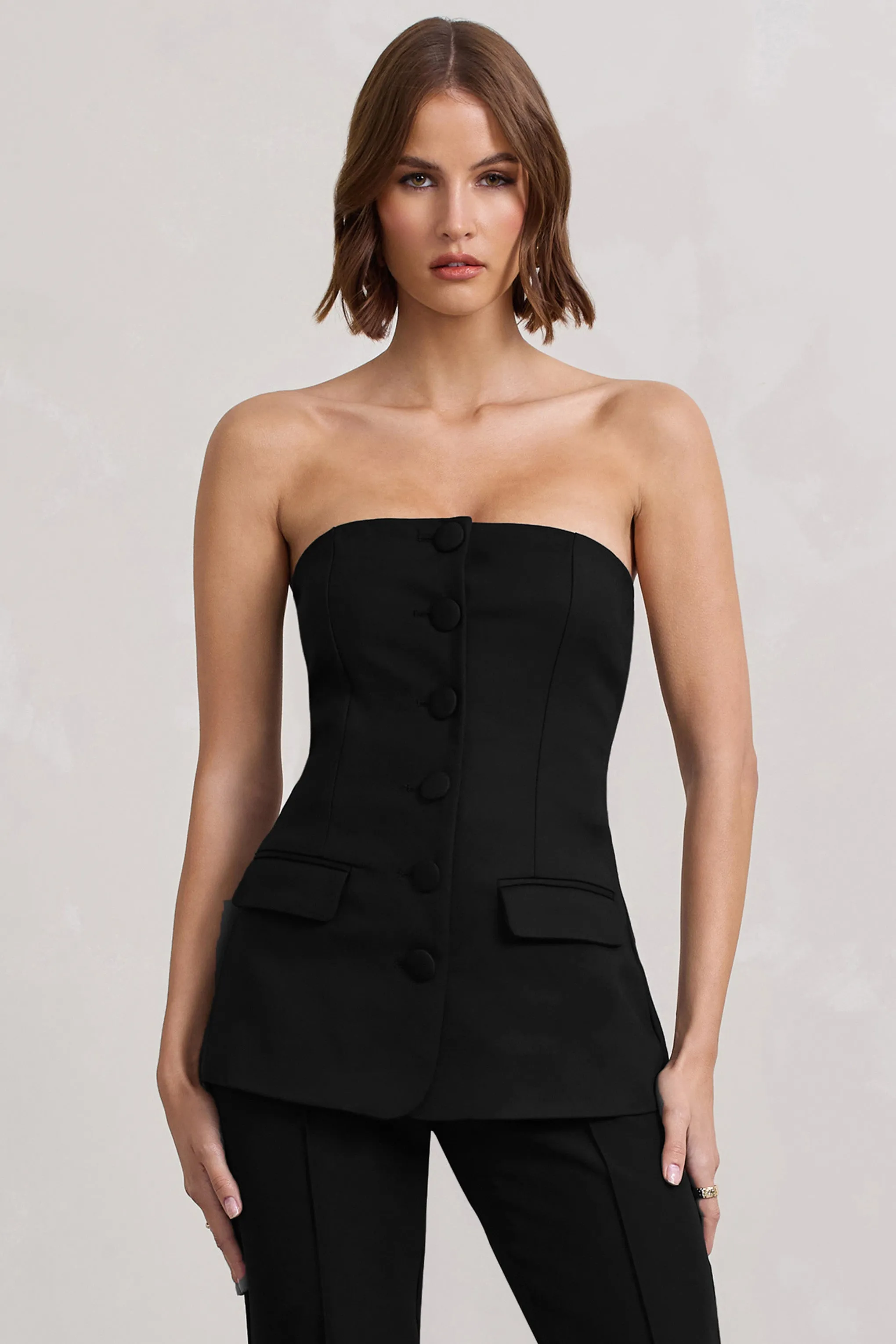 Elliana | Black Strapless Button Front Tailored Top