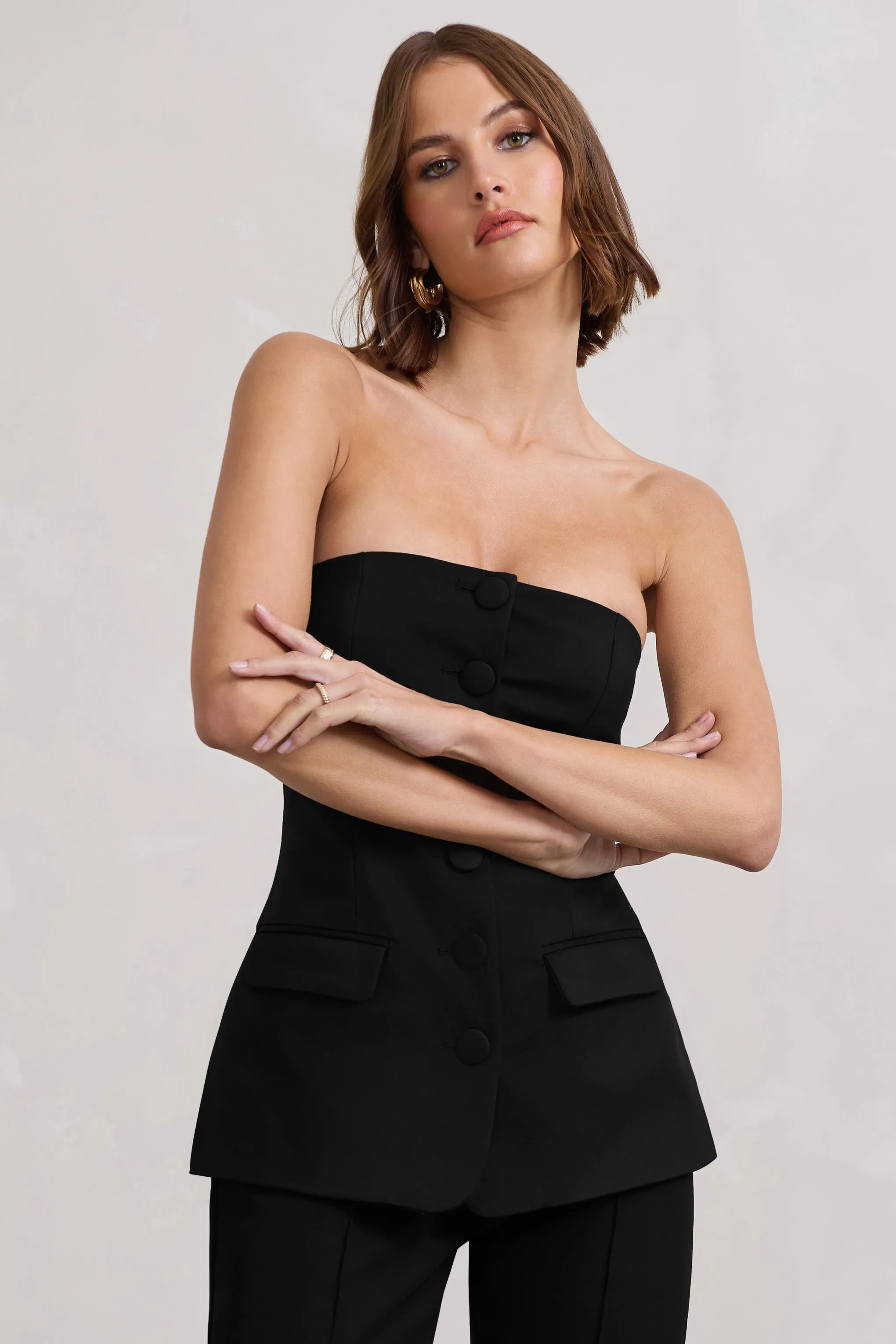 Elliana | Black Strapless Button Front Tailored Top