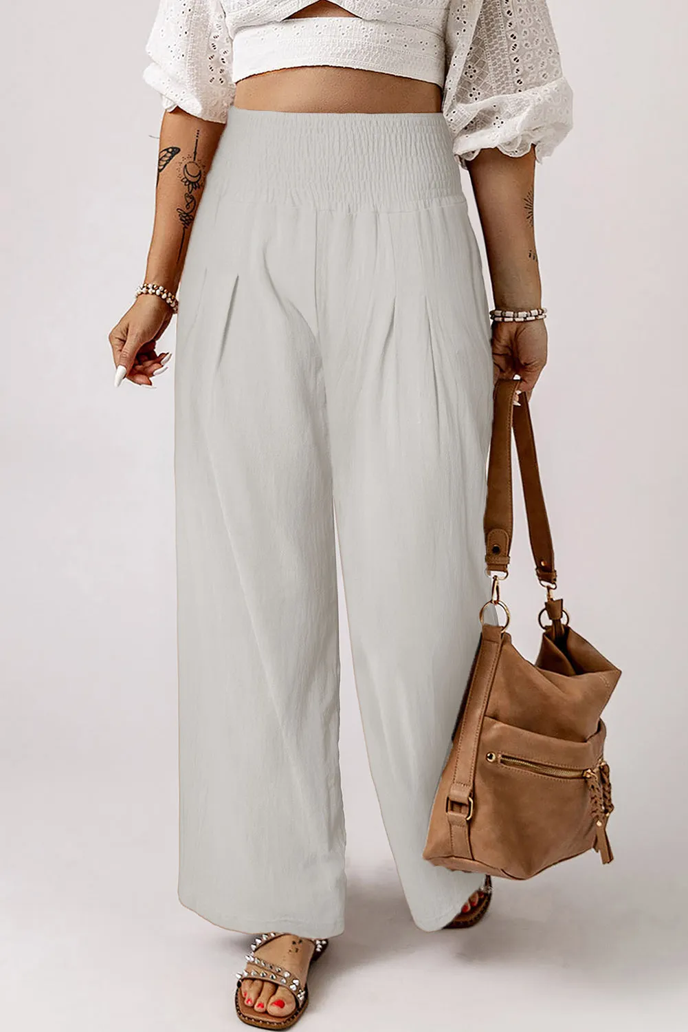 Khaki Smocked Wide Waistband High Waist Wide Leg Pants