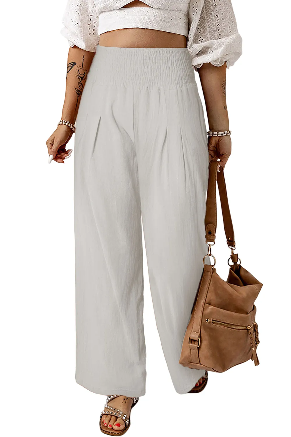 Khaki Smocked Wide Waistband High Waist Wide Leg Pants