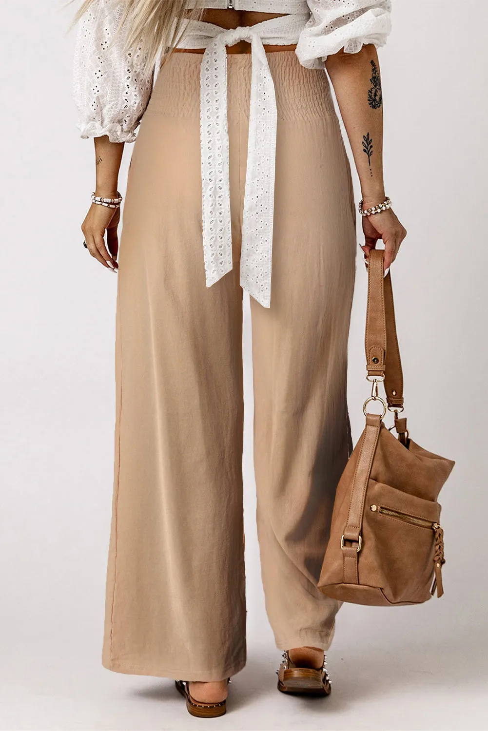 Khaki Smocked Wide Waistband High Waist Wide Leg Pants