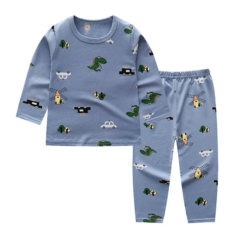 Kids Solid Cartoon Animation Print Round Neck Long-sleeved Pants Pajamas Loungewear Set