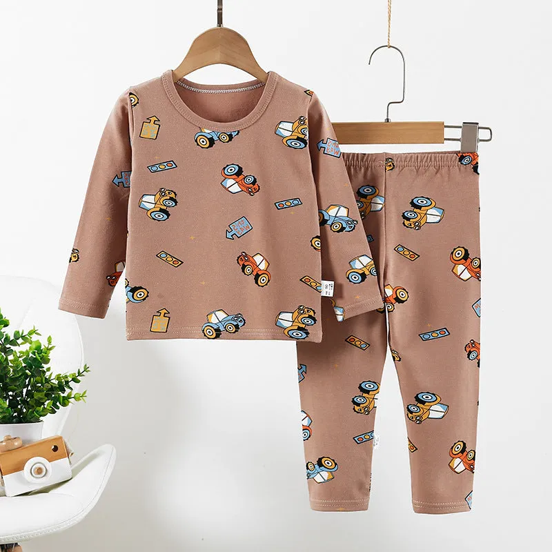 Kids Solid Cartoon Animation Print Round Neck Long-sleeved Pants Pajamas Loungewear Set