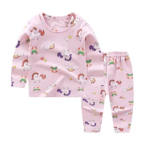 Kids Solid Cartoon Animation Print Round Neck Long-sleeved Pants Pajamas Loungewear Set