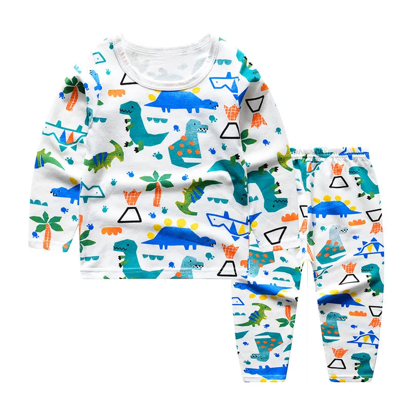 Kids Solid Cartoon Animation Print Round Neck Long-sleeved Pants Pajamas Loungewear Set