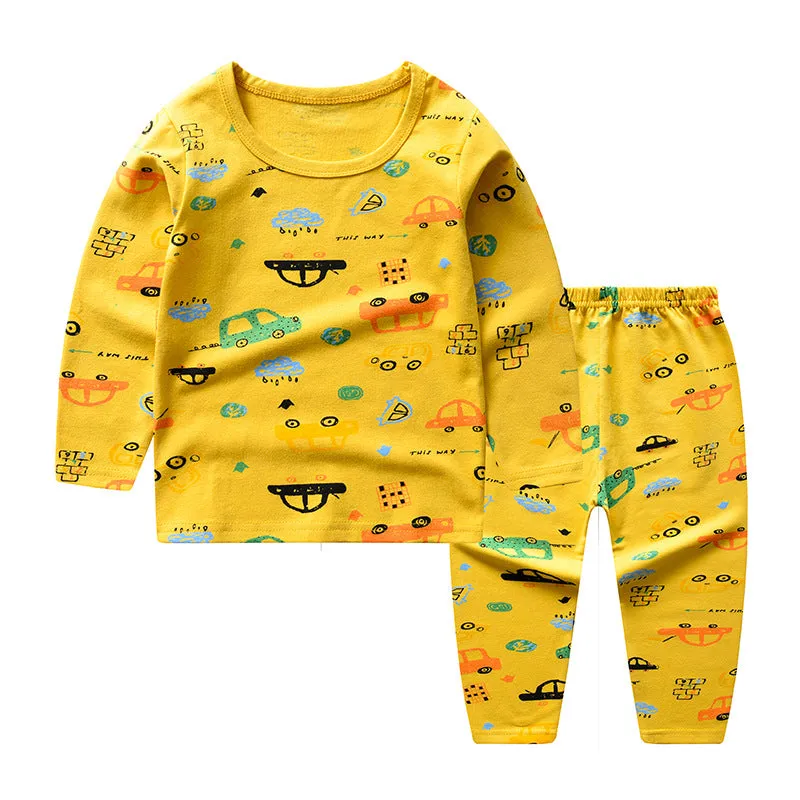 Kids Solid Cartoon Animation Print Round Neck Long-sleeved Pants Pajamas Loungewear Set