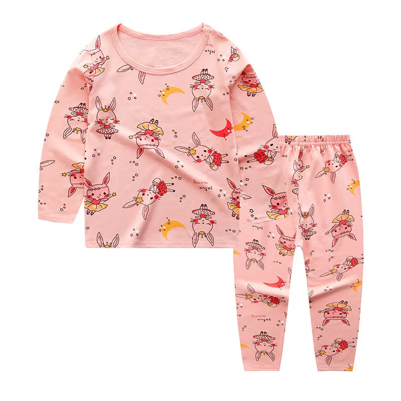 Kids Solid Cartoon Animation Print Round Neck Long-sleeved Pants Pajamas Loungewear Set