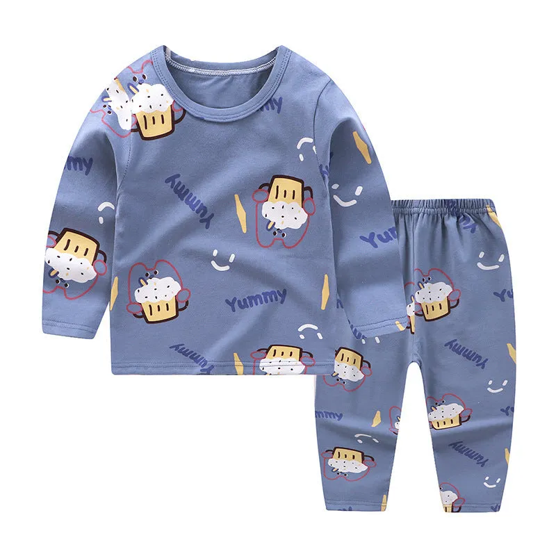 Kids Solid Cartoon Animation Print Round Neck Long-sleeved Pants Pajamas Loungewear Set