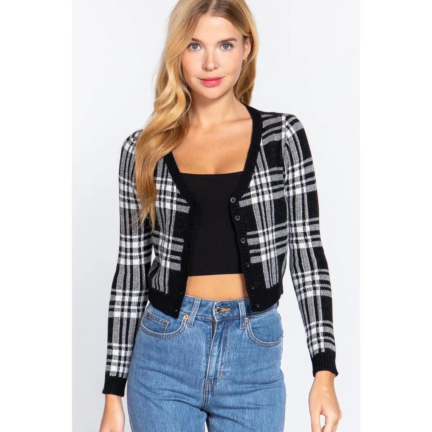 Long Sleeve V-neck Fitted Button Down Plaid Sweater Cardigan