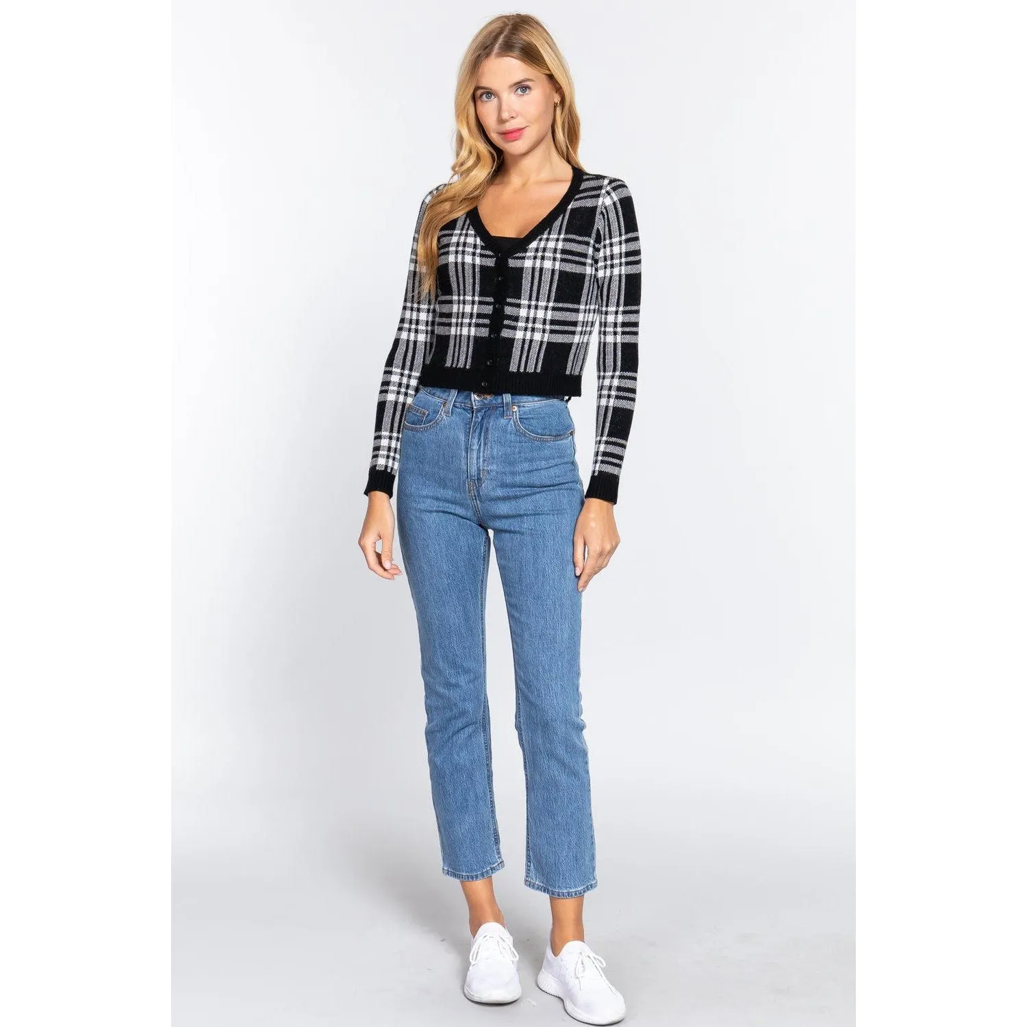 Long Sleeve V-neck Fitted Button Down Plaid Sweater Cardigan