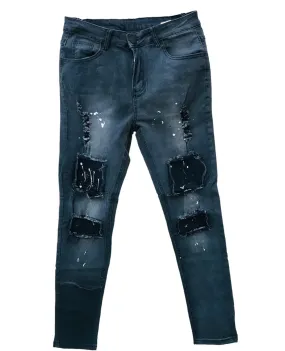 Men's Splash Ink Print Ripped Patched Jeans 8839