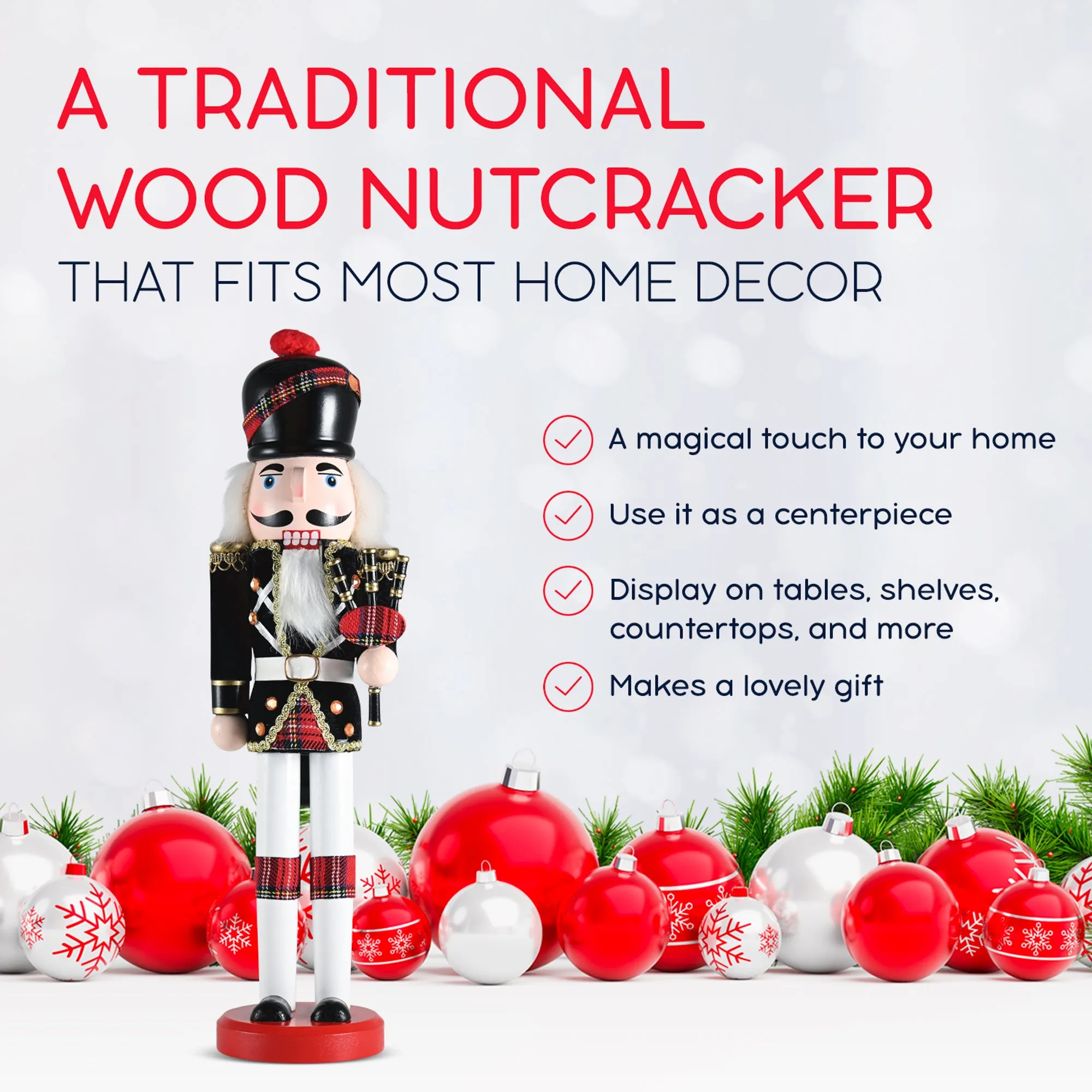 Ornativity Christmas Bagpipe Soldier Nutcracker – Red and Black Wooden Nutcracker Soldier with Bagpipe Xmas Themed Holiday Nut Cracker Doll Figure Decorations