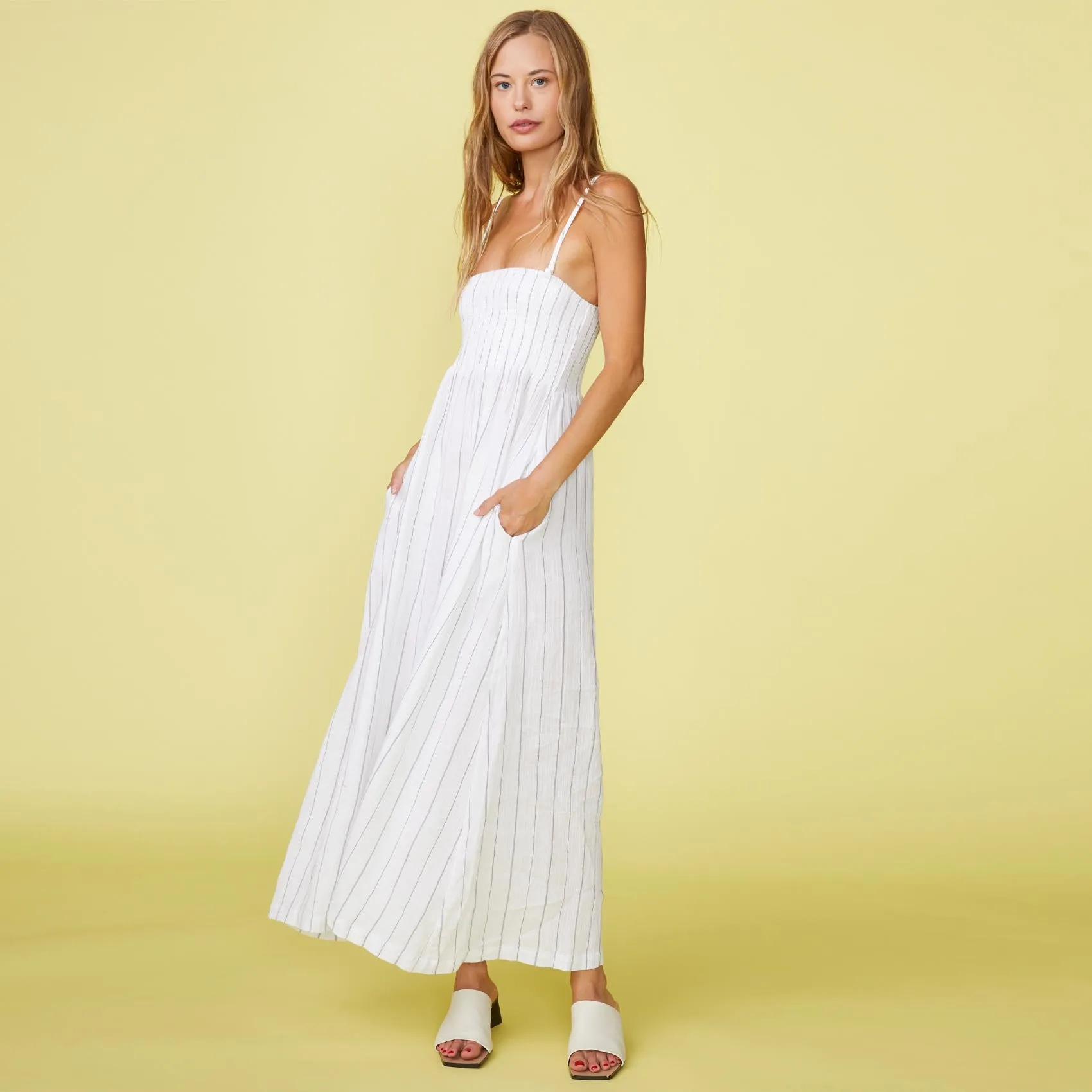 Pinstripe Gauze Smocked Maxi Dress