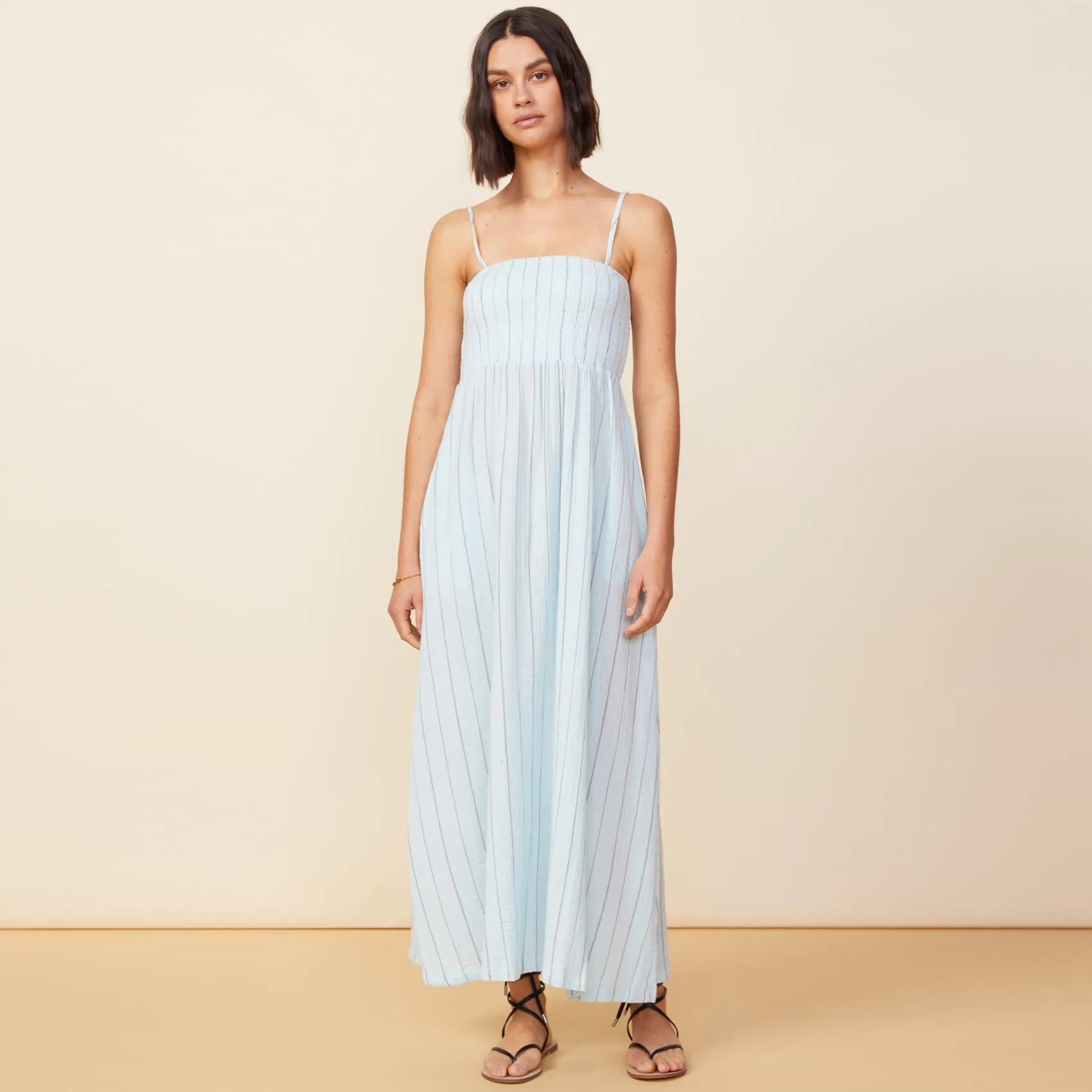 Pinstripe Gauze Smocked Maxi Dress