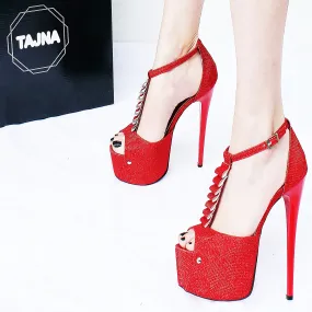 Red Shiny Ribbon Peep Toe Platform Shoes