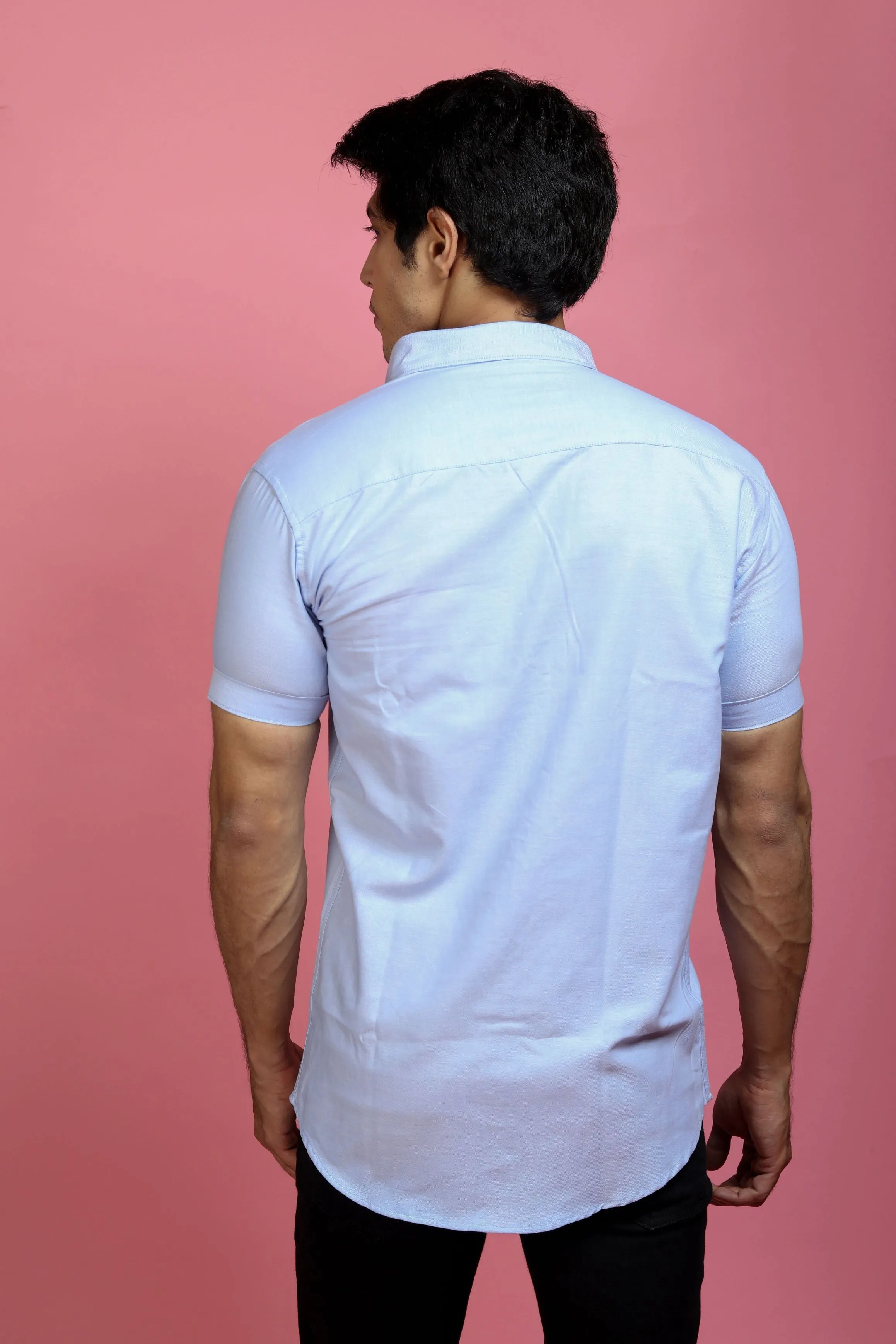 Short Sleeve Shirt - Men Casual Plain Light Blue Shirt