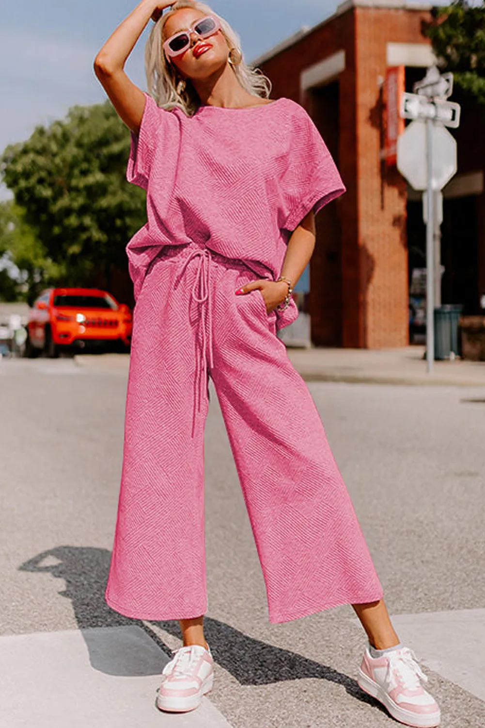 Strawberry Pink Textured Loose Fit Top and Drawstring Pants Set (Takes 2 Weeks Delivery)