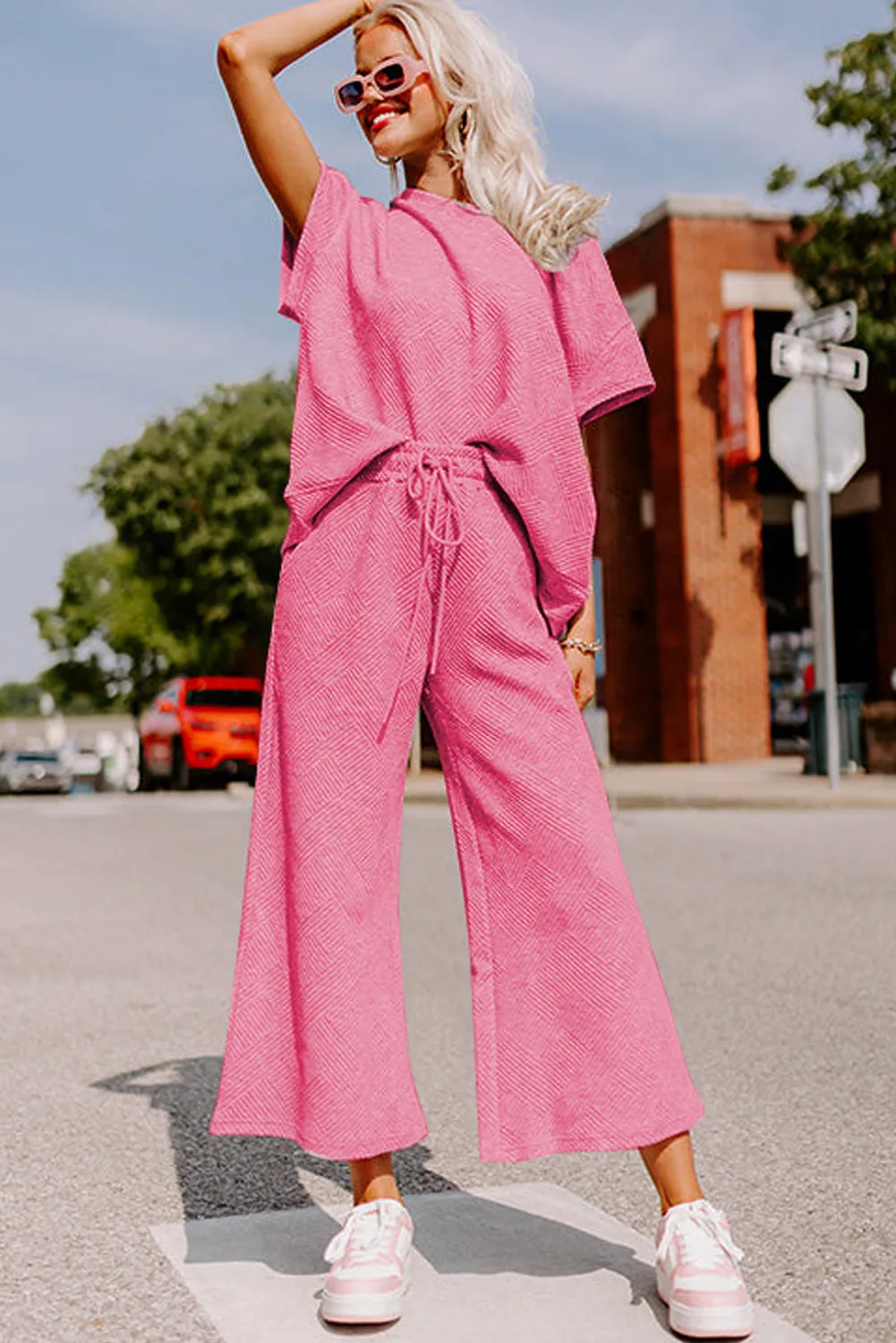 Strawberry Pink Textured Loose Fit Top and Drawstring Pants Set (Takes 2 Weeks Delivery)