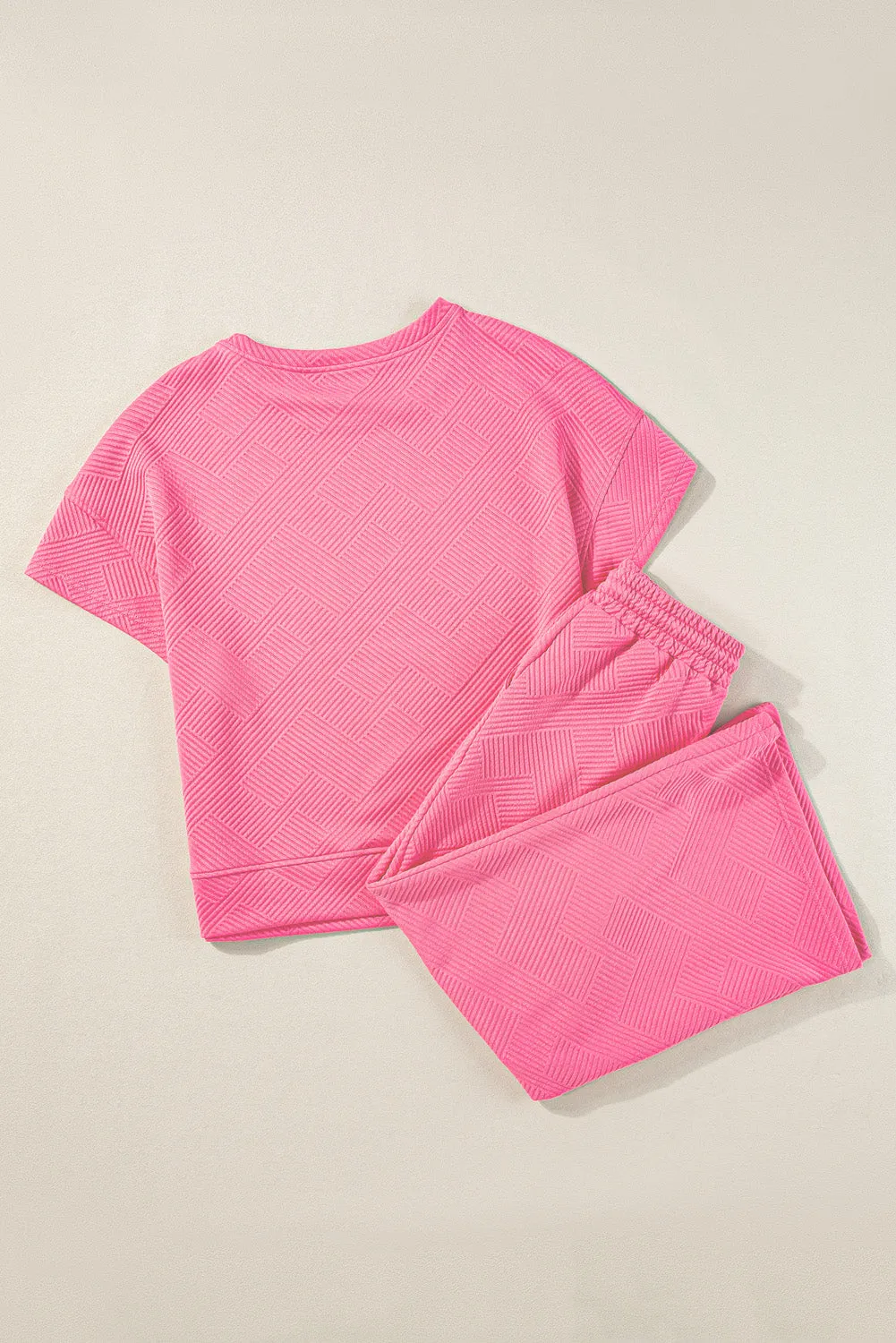 Strawberry Pink Textured Loose Fit Top and Drawstring Pants Set (Takes 2 Weeks Delivery)