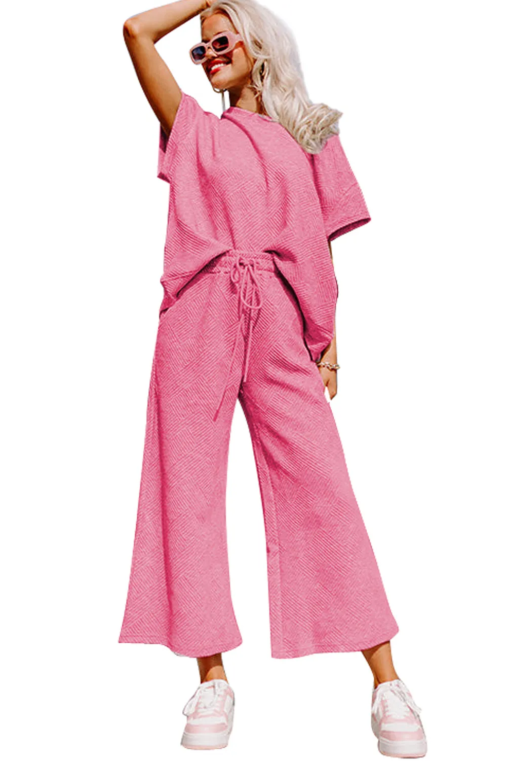 Strawberry Pink Textured Loose Fit Top and Drawstring Pants Set (Takes 2 Weeks Delivery)