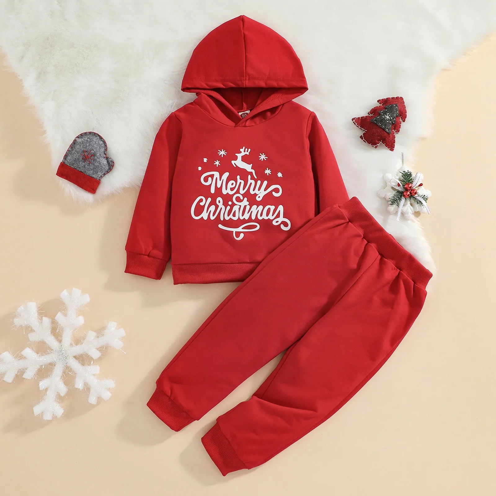 Toddler Kids Boys Solid Color Cute Christmas Print Hooded Sweatshirt Pants Set