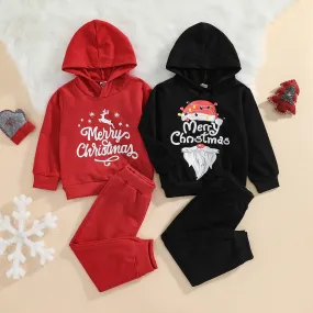 Toddler Kids Boys Solid Color Cute Christmas Print Hooded Sweatshirt Pants Set