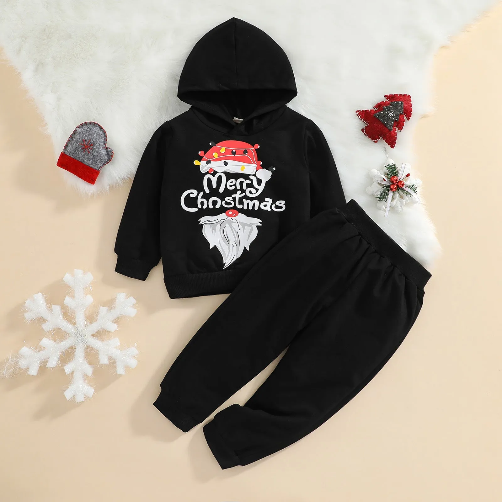 Toddler Kids Boys Solid Color Cute Christmas Print Hooded Sweatshirt Pants Set