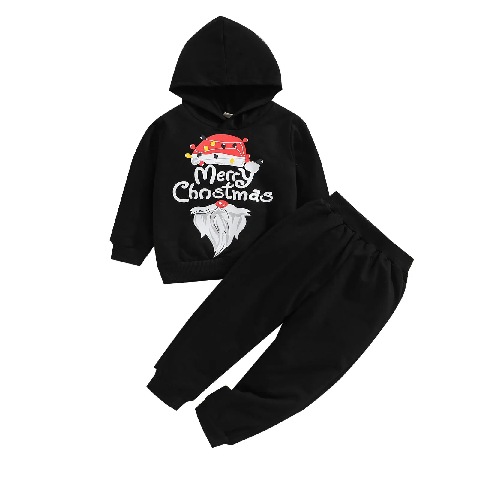 Toddler Kids Boys Solid Color Cute Christmas Print Hooded Sweatshirt Pants Set