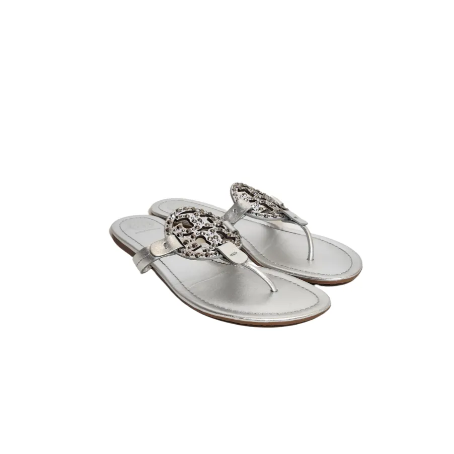 Tory Burch Silver Leather Embellished 'Miller' Sandals | Gently Used |