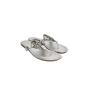 Tory Burch Silver Leather Embellished 'Miller' Sandals | Gently Used |