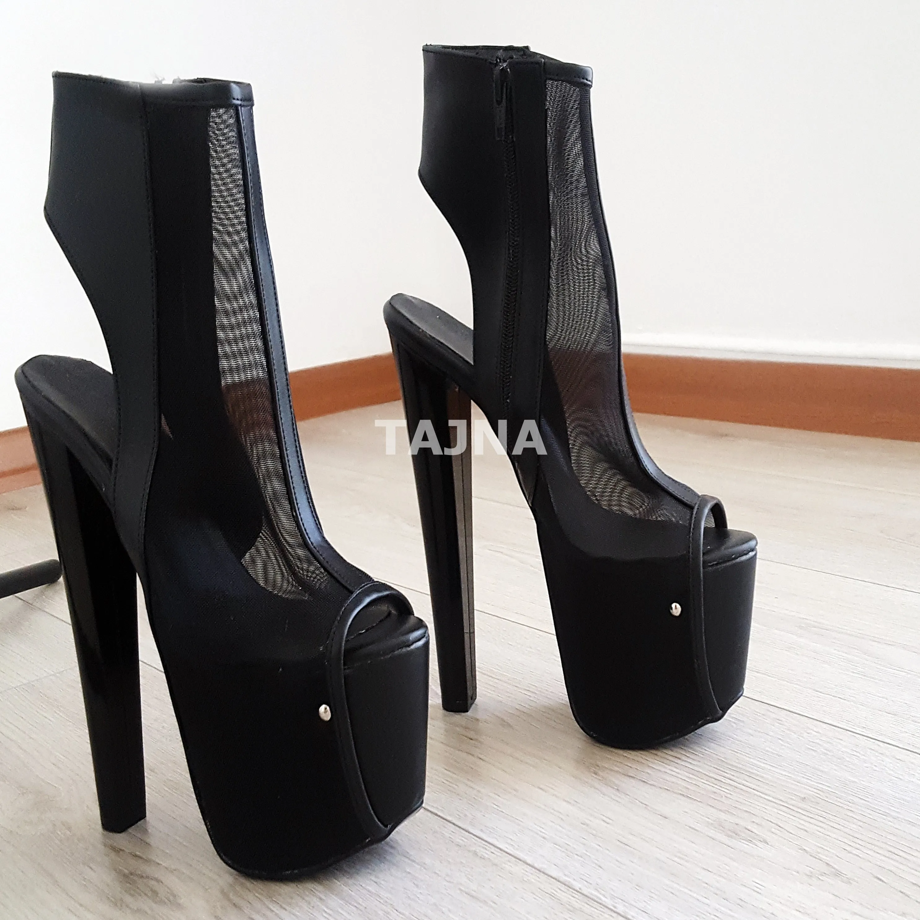 Transparent Peep Toe Black High Platform Heel Booties