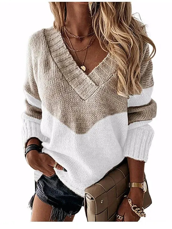 Women's V-Neck Color Block Pullover Sweater in Cotton Blend Knit